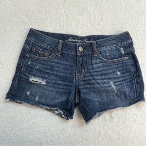 American Eagle Outfitters Distressed Dark Blue Jean Shorts Paint Holes Size 4